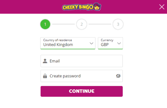 Cheeky Bingo sign up page