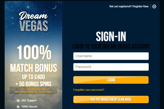 Dream Vegas login page