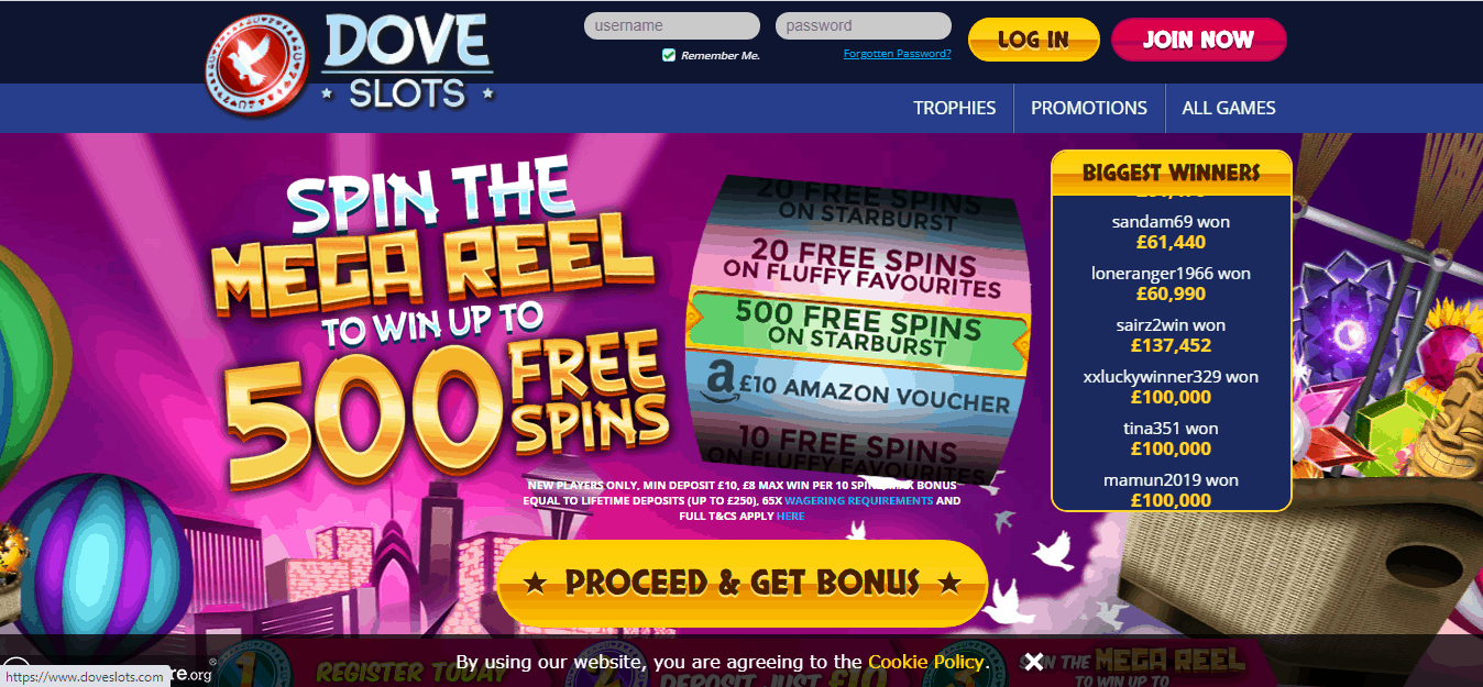 Dove Slots Home page