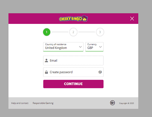 Cheeky Bingo sign up page