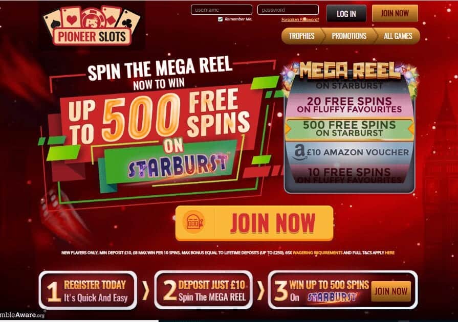 Pioneer Slots home page