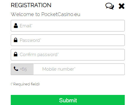 Pocket casino signup page