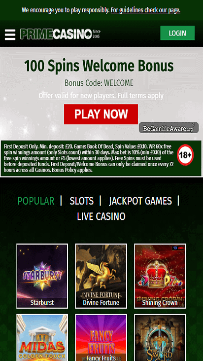 PrimeCasino home mobile