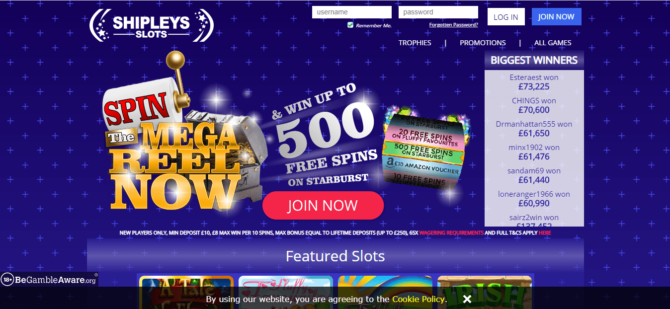 Shipleys Slots homepage