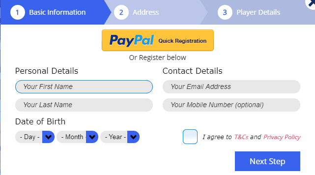 Shipleys Slots signup page