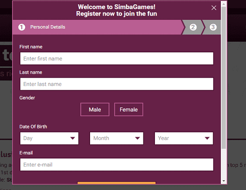 SimbaGames singup play ojo sign up page