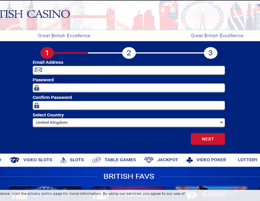 All British Casino sign up page