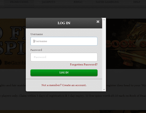 Pink Casino login page