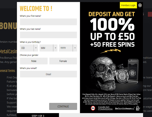 metalcasino singup guts sign up page