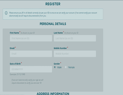 Pink Casino sign up page