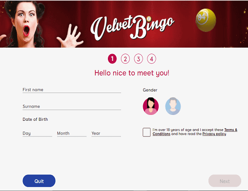 Cheeky Bingo sign up page