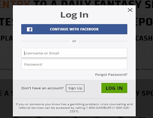 Draft Kings login page