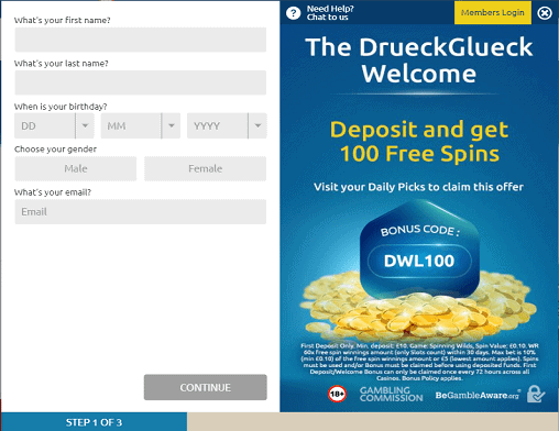 DrueckGlueck singup play ojo sign up page