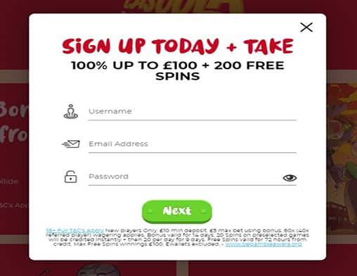 Casoola signup Vegas Hero sign up page