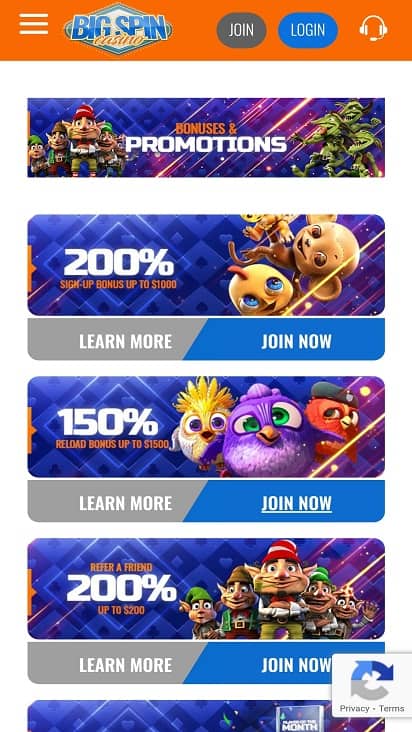 Big spins promotions page