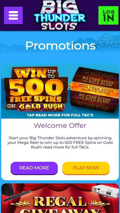 Big thunder slots promotions page