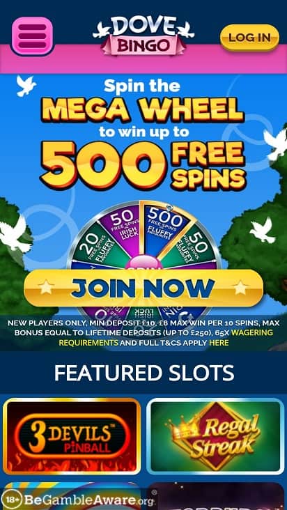 Dove bingo home page