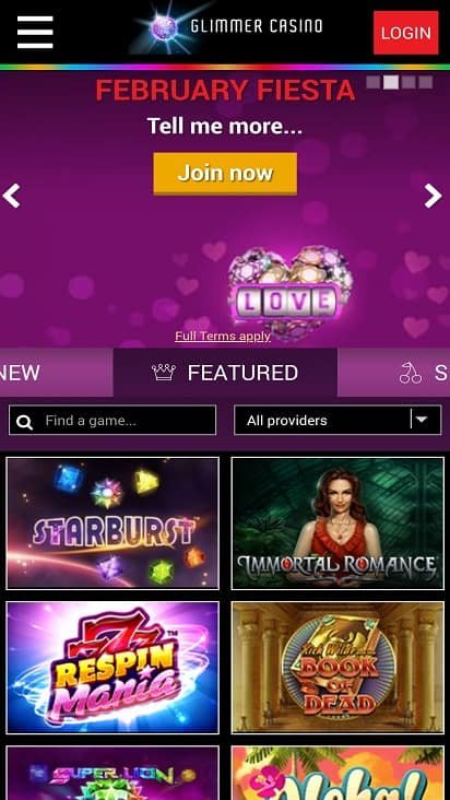 Glimmer casino home page