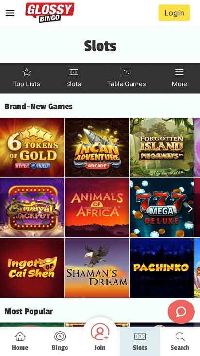 Glossy bingo games page