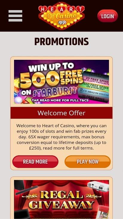 Heart of casino promotions page