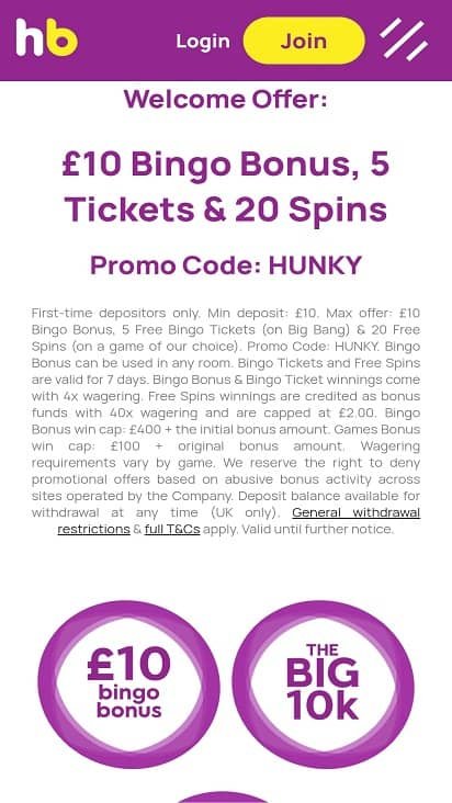 Hunky bingo promotions page
