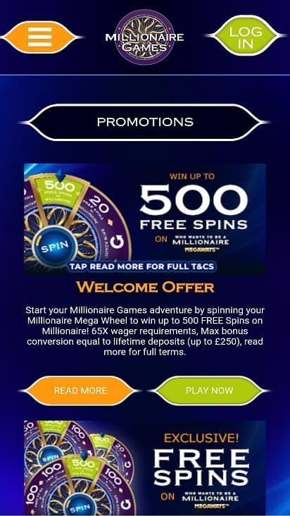 Millionaire promotions page