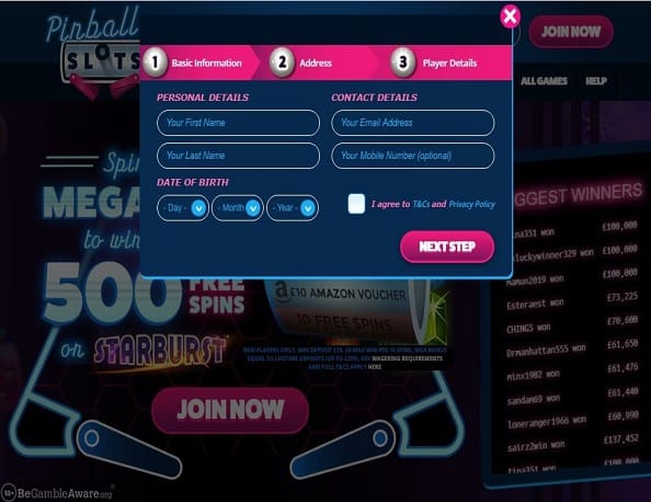 Pinball-Slots-sign-up' Fluffy Spins sign up page
