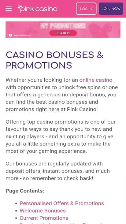 Pink casino promotions page