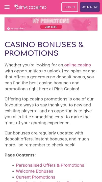 Pink casino promotions page