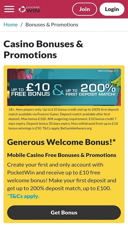 Pocket win promotions page