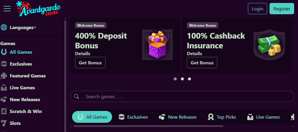Avantgarde Casino homepage