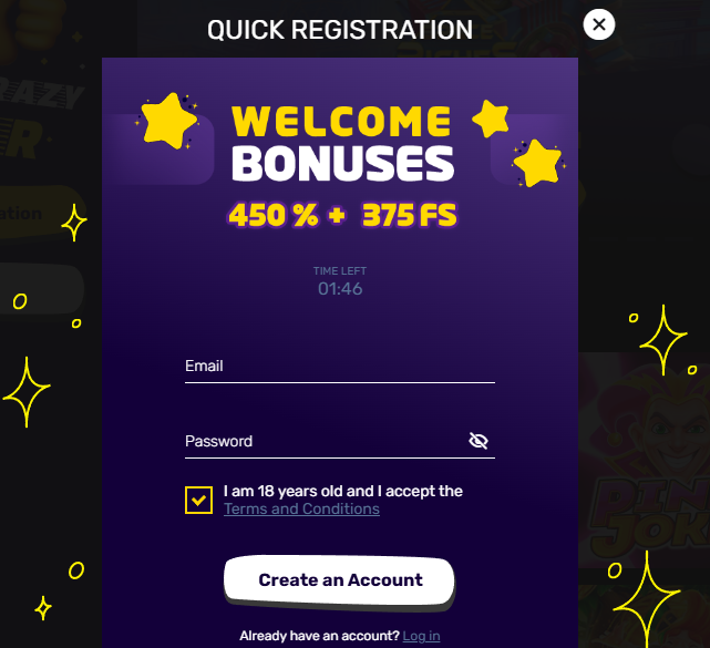 crazy star casino sign up