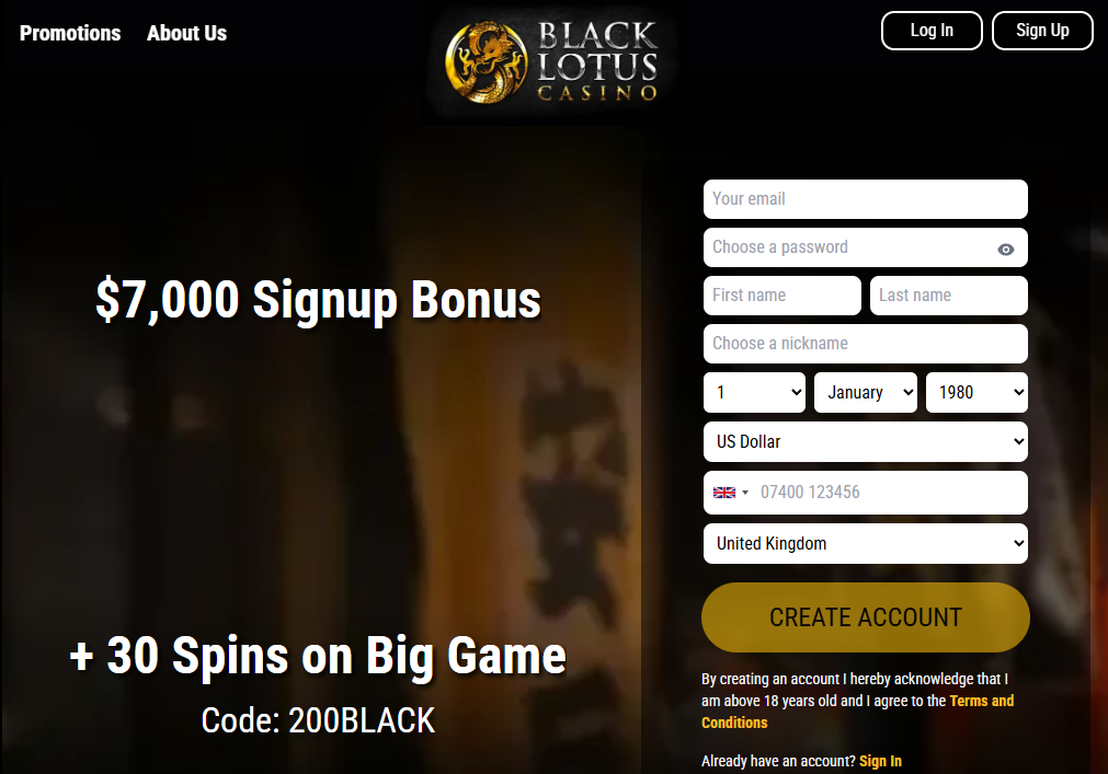 Black Lotus Casino Homepage